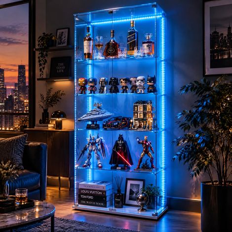 JOOKGBD–Glasvitrine Standvitrine mit LED,5 Glasböden,2 Türen mit Schloss,Vitrinenschrank für Sammlungen,Bücher,Modelle,Wohnzimmer,Büro,Weiß (1/5)