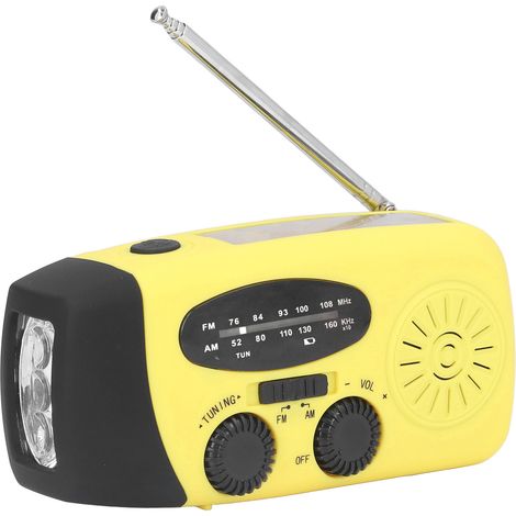 Radio solaire à manivelle multifonctionnelle avec lampe torche LED intégrée pour le camping et les activités de plein air (jaune, style japonais). (1/5)