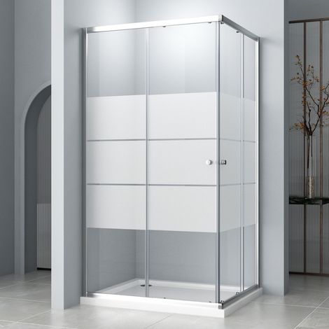 Duschkabine 80x100 cm Eckeinstieg Schiebetür, Duschabtrennung Duschwand mit Doppel Schiebetür, 6mm ESG Glas mit weißen Querstreifen-Dekor, Höhe 185cm