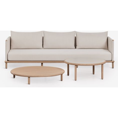 SKLUM Olivia Wohnzimmergarnitur mit 3-Sitzer-Sofa und 2 runden Couchtischen aus Akazienholz Hellbraun Akazie – Weiß Gardenie             Helles Akazienbraun                     