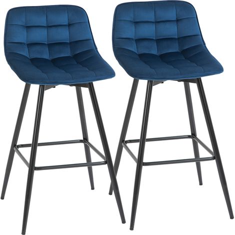 Ensemble de 2 Tabourets Hauts de Style Nordique avec Dossier et Repose-Pieds, Tabourets de Cuisine avec Dossier en Tissu Effet Velours et Métal, 45x47x88 cm, Bleu (1/5)