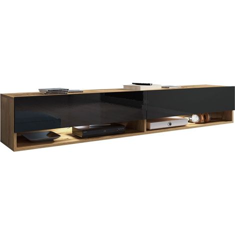 Meuble TV Sarasota 119, Chêne wotan + Noir brillant, Le nombre de portes: 2, Nombre de tiroirs: 0, 180x30x33cm, LED: Disponible