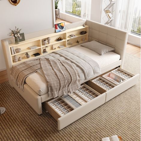 Cama 90x200 con cajones, USB y tipo C, lino beige OKMYHOME (1/5)