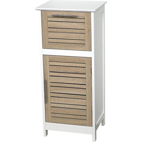 Tendance – Meuble bas de salle de bain 1 tiroir 1 étagère – Dimensions 36,5 x 30 x 83 cm – MDF blanc et chêne vieilli – Fixation autoportante