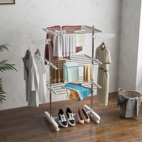Sécheur vertical en acier et plastique - 142x55x172 cm - séchage pliant avec 6 roues et 3 étagères réglables - blanc et argent
