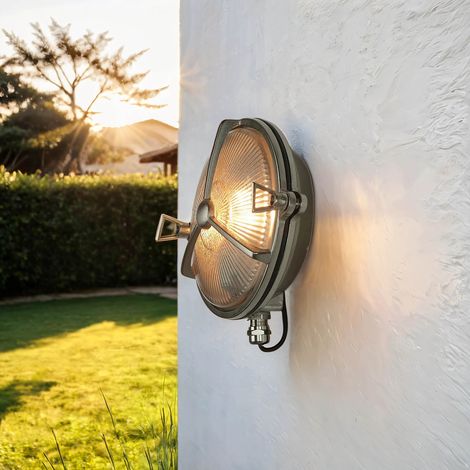 Außen Wandlampe Messing massiv in Nickel IP64 Bullauge Schiffslampe