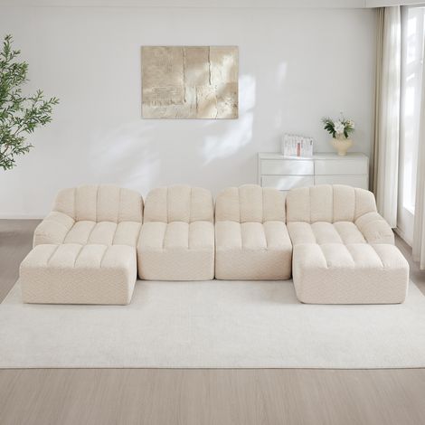 Canapé modulable en U 4 places avec 2 ottomans, mousse 32D, beige (1/5)