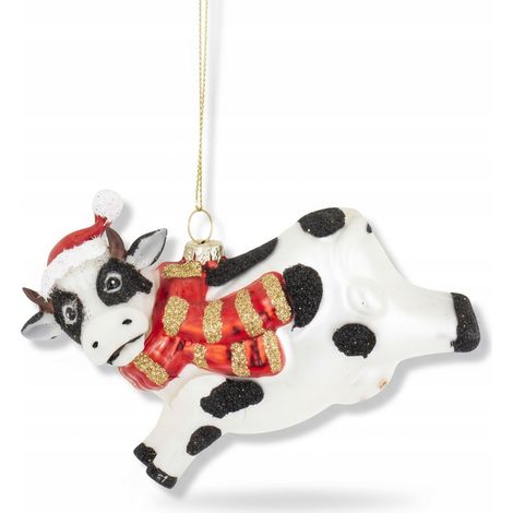 Boule de Noël en verre représentant une vache coiffée d'un bonnet de Père Noël, 9 x 13 x 5 cm (1/5)
