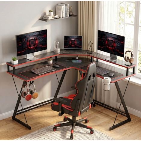 Bureau d'angle L 128x128x88 cm en bois et métal noir, gain de place pour bureau FloraGrace (1/5)