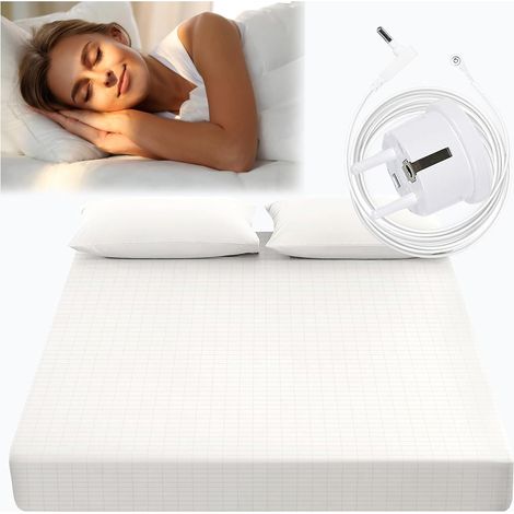 Drap-Tapis De Mise à La Terre - 10% Fil d'argent à 90% Coton Câble EU Drap De Lit De Mise à La Terre pour Sommeil Récupération De l'Énergie (Blanc, 90x190x35 cm) (1/5)