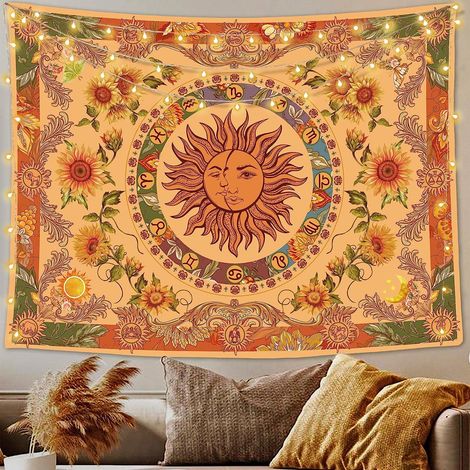 Tapestry Soleil Lune - Motif Floral Psychédélique - Tissu Polyester - Décoration Murale Chambre Salon - 4 Dimensions Disponibles (1/5)