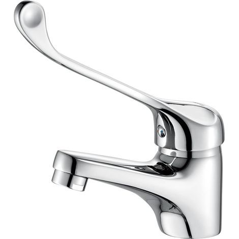 Rubinetto color argento, alto 13,5 cm, miscelatore monocomando per lavabo con maniglia medicale, rubinetto per bagno adatto a persone con mobilità ridotta. (1/5)