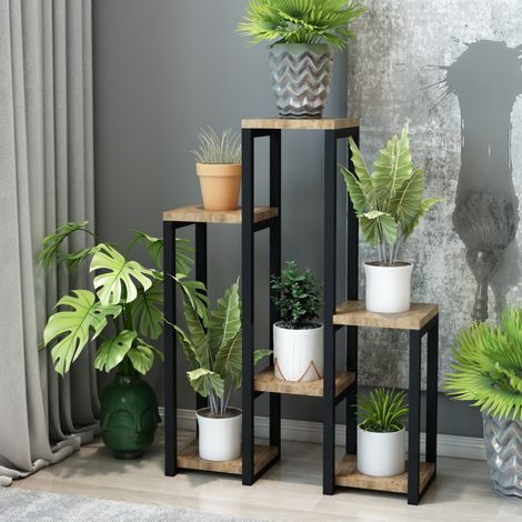 Scaffale Portapiante Rosenholm con 6 Ripiani - Nero / Effetto Legno [en.casa] (1/5)