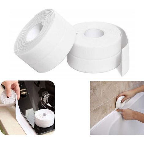 Paquete de 2 cintas de sellado - Cinta autoadhesiva impermeable - Tira de sellado de PVC - Cinta autoadhesiva flexible para zócalos - Cinta para juntas - Sellado - Impermeable - Blanca - 3,2 m 3,8 cm (1/5)