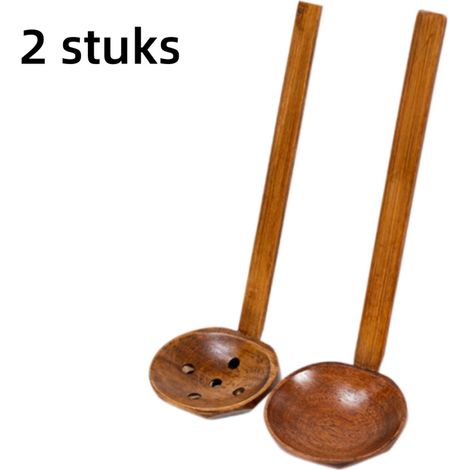Lot de 2 louches à soupe à long manche en bois avec passoire pour ragoût cuisine restaurant et fondue 7,5 x 22 cm couleur bois (1/5)
