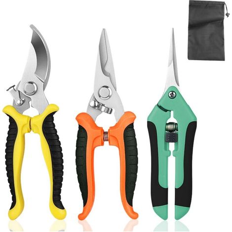 Ensemble de 3 Sécateurs de Jardin en Acier Inoxydable - avec Sac de Rangement - Outils de Jardinage Portables