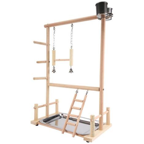 Perchoir en bois naturel pour perroquets – Support de jeu avec échelles et mangeoires en acier inoxydable – Dimensions 36,5 x 23 x 57 cm (1/3)