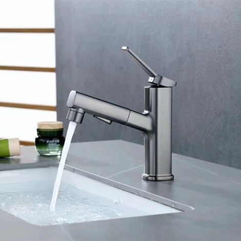 Robinet Salle de Bain Gris avec Douchette Extractible, Robinet Mitigeur Lavabo 3 Modes D’écoulement D'eau Robinet Lave Main Fontaine Design Elégant en Laiton (1/3)