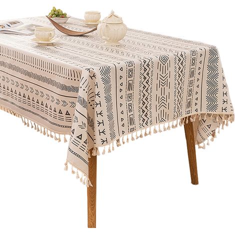 Nappe Rectangulaire - Lin Coton Imperméable - Finitions à Franges - Anti-plis - Pour Extérieur Cuisine Salle À Manger - 1 Pièce (1/5)