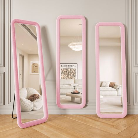 Specchio da terra a figura intera 160x50cm per camera da letto e cabina armadio - specchio da parete rettangolare angoli arrotondati in flanella stile romantico - rosa (1/5)