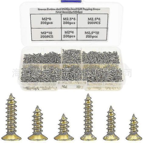 Assortiment de 1200 petites vis à bois à tête plate en acier doré, de 5 mm, 6 mm, 7 mm, 8 mm et 10 mm. (1/5)