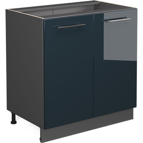 Mueble fregadero  Fame-Line, Azul oscuro alto brillo, 80 cm con estante, sin encimera, Vicco