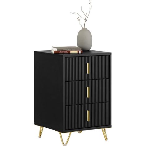 Sobuy – Table de chevet FBT115LSCH 3 tiroirs – Noir – Dimensions L40 x P40 x H63 cm – Poignées en métal doré – Meuble moderne pour salon, chambre, bureau (1/5)