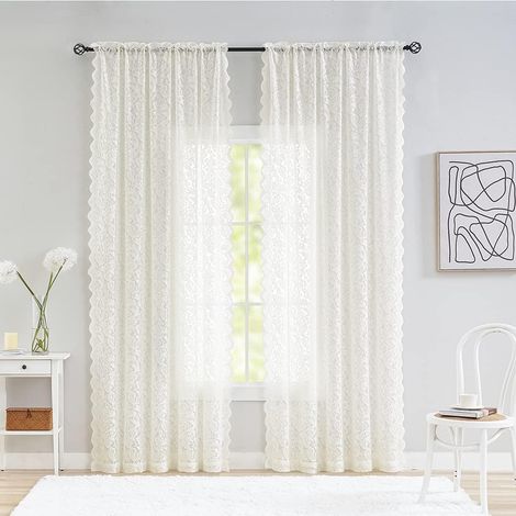 JSSEVN - Cream lace sheer curtains, long 2-panel luxury semi-sheer curtains for living room/bedroom, extra long quality panels, 140 W x 260 L cm, ivory (1/5)
