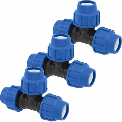 Conectores en T para tuberías de agua, 25 mm x 25 mm x 25 mm, racores de compresión PN16, conectores compatibles con tuberías de polietileno PE80 y PE100, 3 unidades. (1/3)