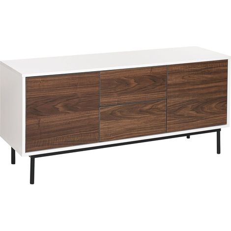Beliani – Commode moderne 2 portes 2 tiroirs – Panneaux de particules bois sombre et blanc – Mécanisme push-to-open – Dimensions 120x38x55 cm (1/5)