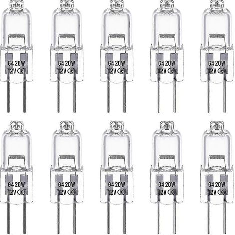 Ampoules halogènes G4, 12 V, 20 W, culot à broches, blanc chaud 2800 K, dimmables, ampoule halogène basse tension G4, ampoule à capsule transparente, lot de 10 (1/3)