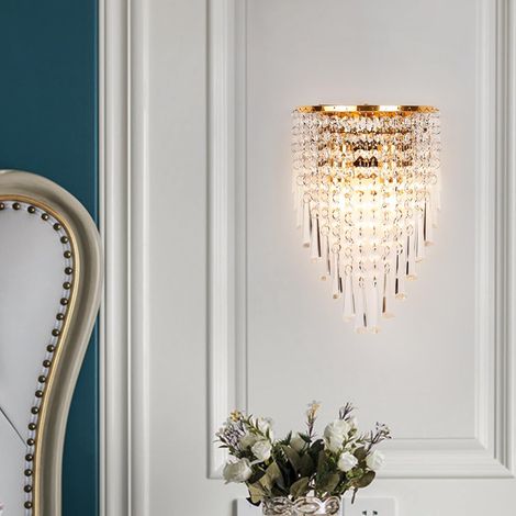 Applique Murale en Cristal Doré Vintage Étincelant pour Chambre Lampe Murale Cristal E14 Art Deco Moderne pour Salon Chevet Couloir, avec Abat-Jour à Pampilles de Cristal, Sans Ampoule (1/5)