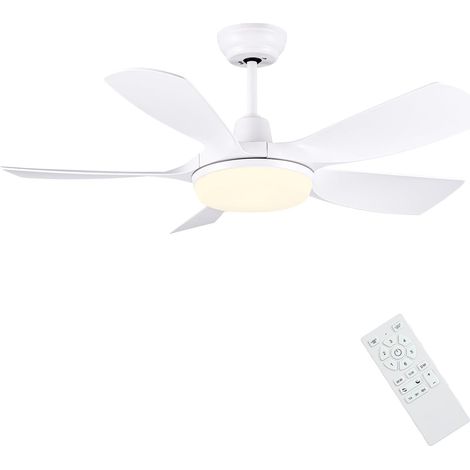 Ventilador de techo blanco, 106 cm, silencioso, con luz y mando a distancia, regulable, con 5 aspas reversibles de motor de CC y función de memoria. (1/5)