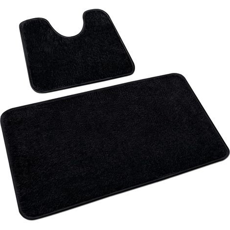Set aus 2 Badematten, bestehend aus Badematte und WC-Vorleger aus weicher Mikrofaser mit erhöhtem Rand, rutschfest, waschbar, schwarz, 50 x 80 cm + 50 x 40 cm