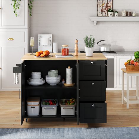 L135B44(70)H90cm Großer mobiler Küchentisch, Arbeitsplatte aus Eichenholz, klappbares Design, multifunktionaler Schrank, 3 Schubladen, Handtuchhalter, geeignet für Küche, Esszimmer, Haus (1/5)