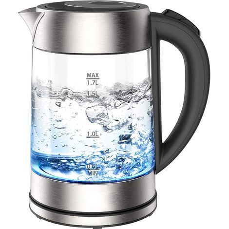Hervidor eléctrico, 1,7 l, 2200 W, función de ebullición rápida, libre de BPA, vidrio de borosilicato, apagado automático. (1/5)