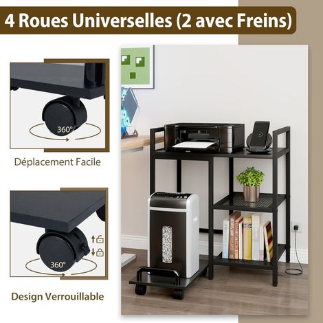Support d'imprimante avec station de charge, table d'imprimante 3 niveaux avec étagères de rangement, support mobile - noir (1/5)