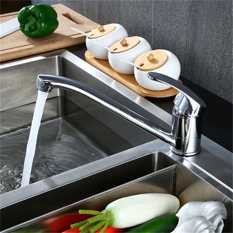 Mitigeur d'Evier, Robinet de Cuisine Monocommande, Mitigeur Cuisine Orientable à 360°, Les Conduites d'eau Chaude et Froide (1/5)