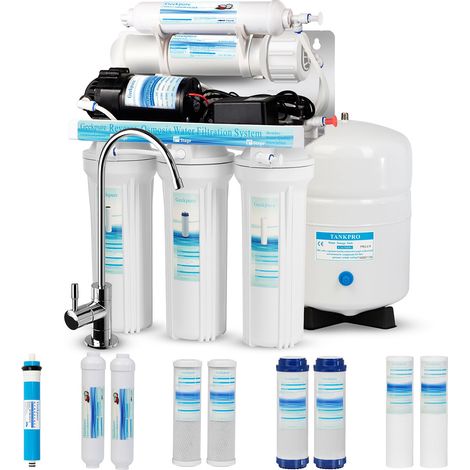 système de filtration d'eau potable par osmose inverse en 5 étapes avec pompe de surpression et 4 filtres supplémentaires - 75GPD