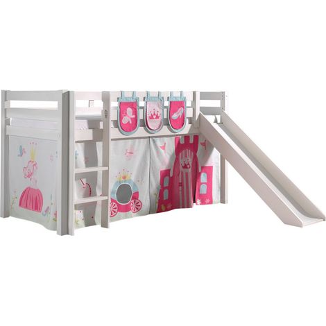Lit toboggan 90x200 avec tente et 3 pochettes princesse pin massif blanc Pino