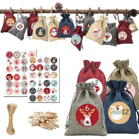 Calendrier de l'Avent 2025 à suspendre, 24 sacs en jute à cordon, compte à rebours de Noël fait main, décoration intérieure, 3 couleurs disponibles (1/4)