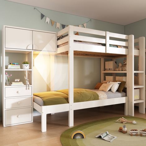 DESVIAE Lit superposé 90 x 200 cm avec veilleuse LED à détecteur de mouvement rangement intégré étagères tiroirs armoire design décalé blanc bois et métal (1/5)