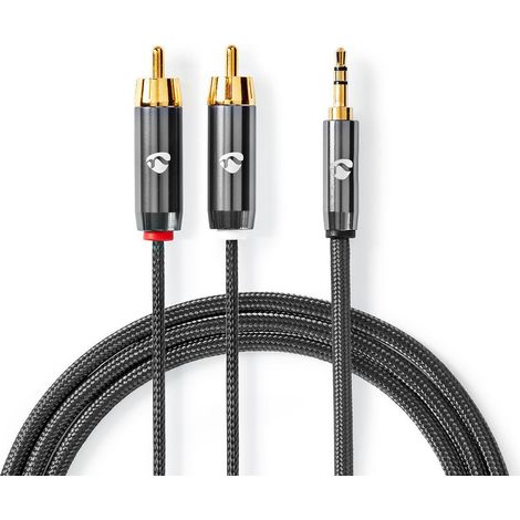 Cable de audio estereo macho de 35 mm 2x rca macho chapado en oro 500 metros redondo gris con metal carton con ventana cubierta