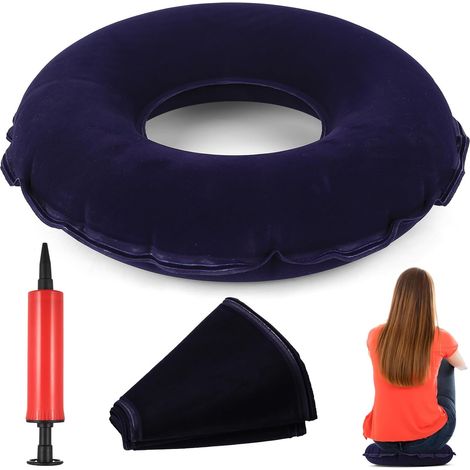 Dunkelblaues, aufblasbares Donut-Sitzkissen aus Samt – ergonomisches, druckentlastendes Kissen (38 cm) für bequemes Sitzen, mit aufblasbarer Pumpe (1/5)