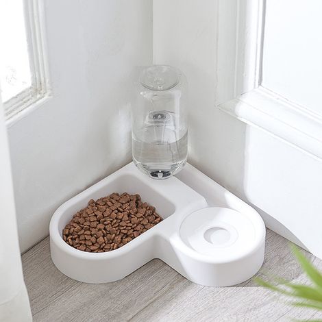 Gamelle d'angle pour chat avec réservoir d'eau automatique - Anti-poussière, garde la gueule et le pelage au sec - Blanc (1/5)