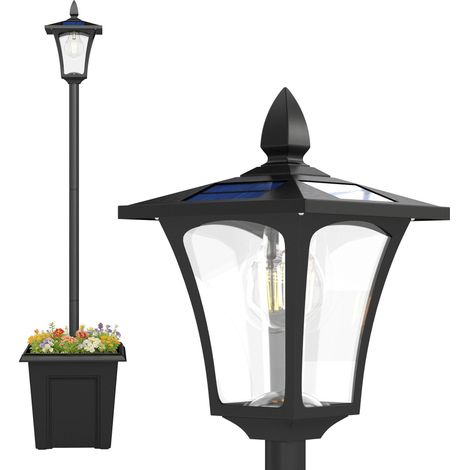 Lampadaire solaire extérieur avec jardinière, lampadaire sur pied étanche, hauteur 160cm, pour jardin, cour, allée, noir (1/4)