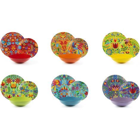 Excelsa Mexican Flowers Servizio Piatti 18 Pezzi, Porcellana e Stoneware, Decoro Multicolore, 6 Persone (1/3)