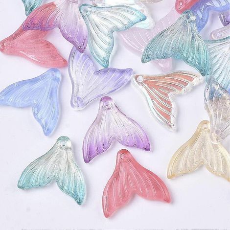 100 pendentifs en verre transparent peint à la bombe, motif queue de poisson sirène, couleurs assorties, 19 x 19,5 x 3,5 mm, trou : 1,2 mm ( ) (1/4)