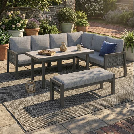 Set da giardino in ferro zincato 8 posti grigio con tavolo in vetro (1/5)