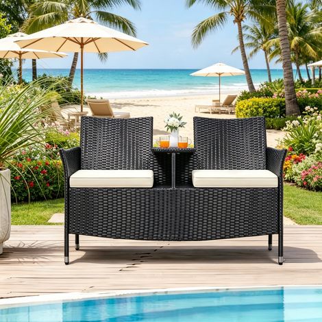 2-Seater Handwoven Patio Chair Set, Cushioned Double Seat with Tempered Glass Side Table for Outdoor Use (1/5)